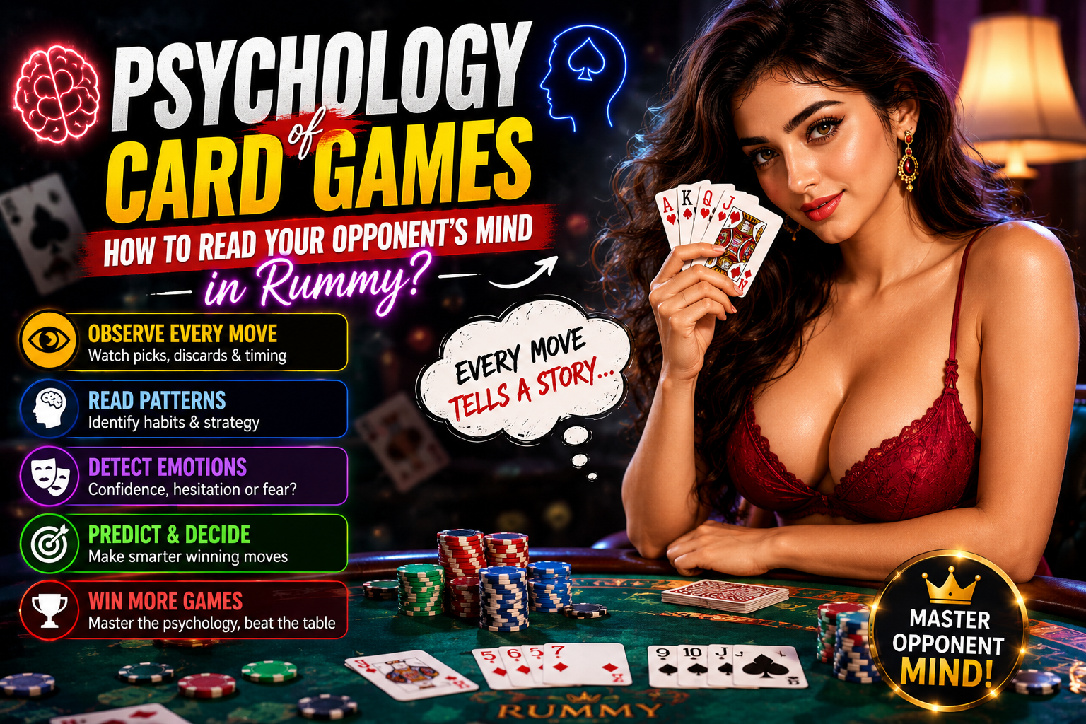 Psychology of Card Games guide showing how to read opponent behavior and strategy in online rummy tournaments