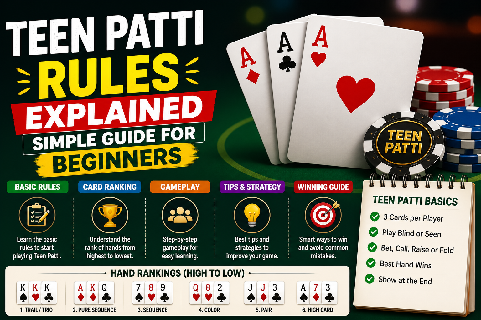 Teen Patti rules explained for beginners with card rankings and gameplay guide