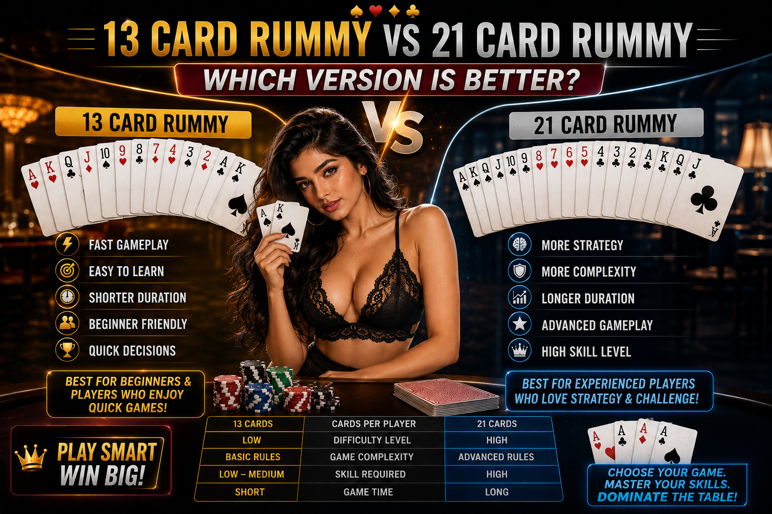13 Card Rummy vs 21 Card Rummy comparison guide showing rules, strategy, and gameplay differences