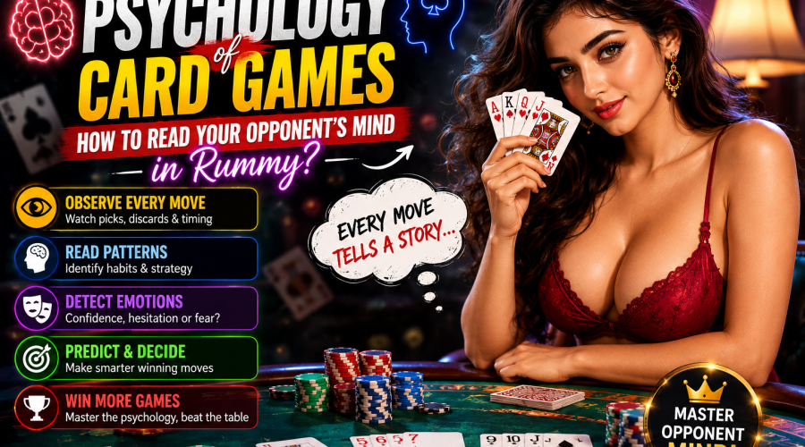 Psychology of Card Games guide showing how to read opponent behavior and strategy in online rummy tournaments