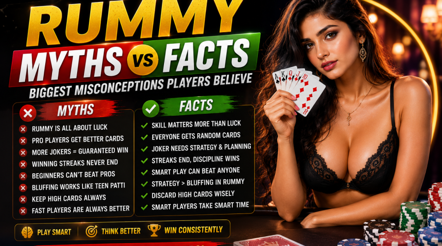 Rummy Myths vs Facts guide explaining common misconceptions and truths about Indian Rummy strategy in 2026